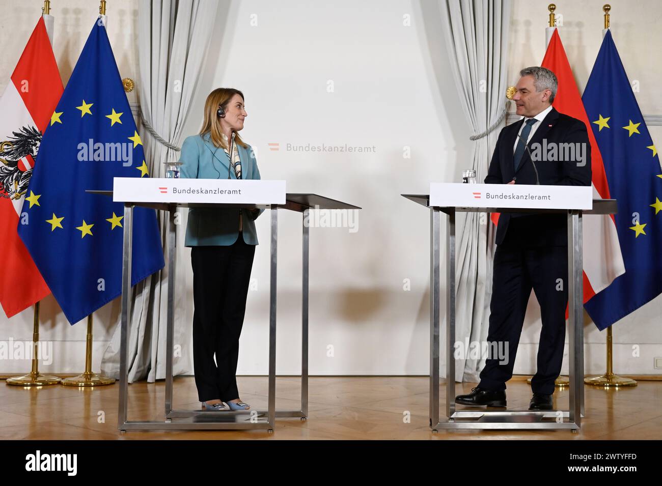 Vienna, Austria. March 20th, 2024. Press statement with Chancellor Karl Nehammer (R) and the President of the European Parliament Roberta Metsola (L) in the Federal Chancellery in Vienna. Credit: Franz Perc/Alamy Live News Stock Photo