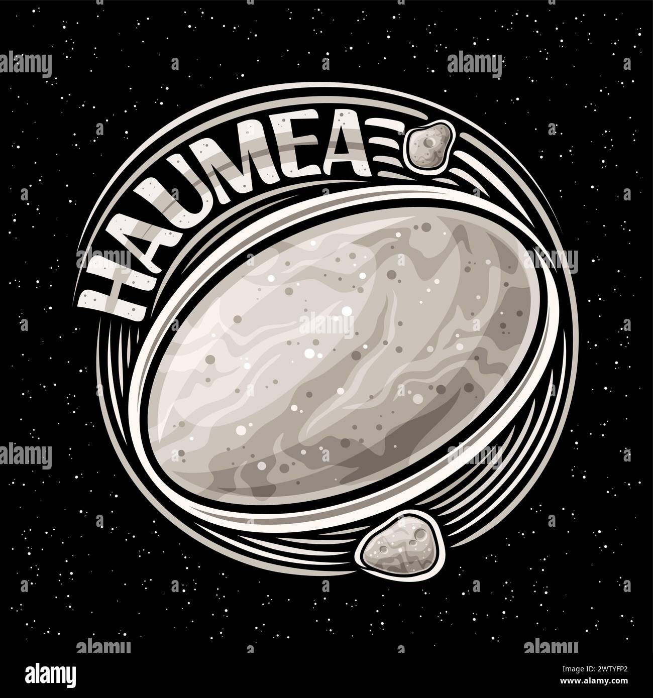 Vector logo for Dwarf Planet Haumea, decorative cosmo print with orbiting moons Hi'iaka and Namaka around planet, square space poster with unique lett Stock Vector