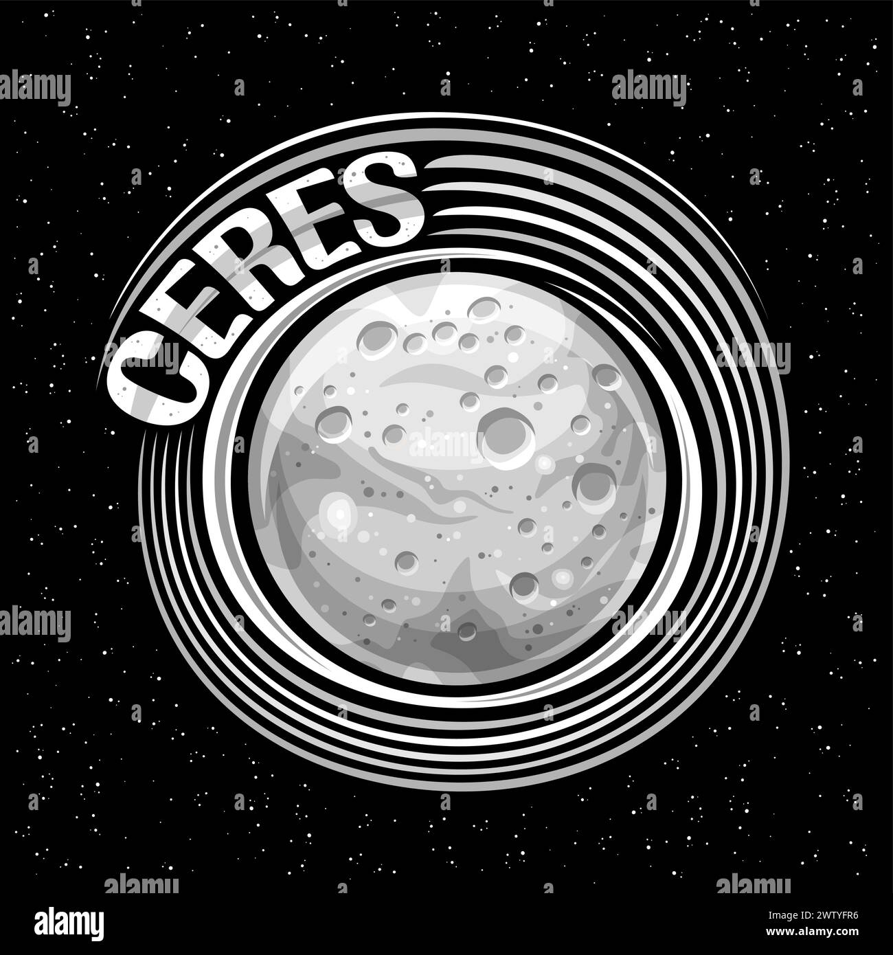 Vector logo for Ceres, decorative astronomical square poster with rotating dwarf planet with meteor craters, futuristic cosmo badge with unique brush Stock Vector