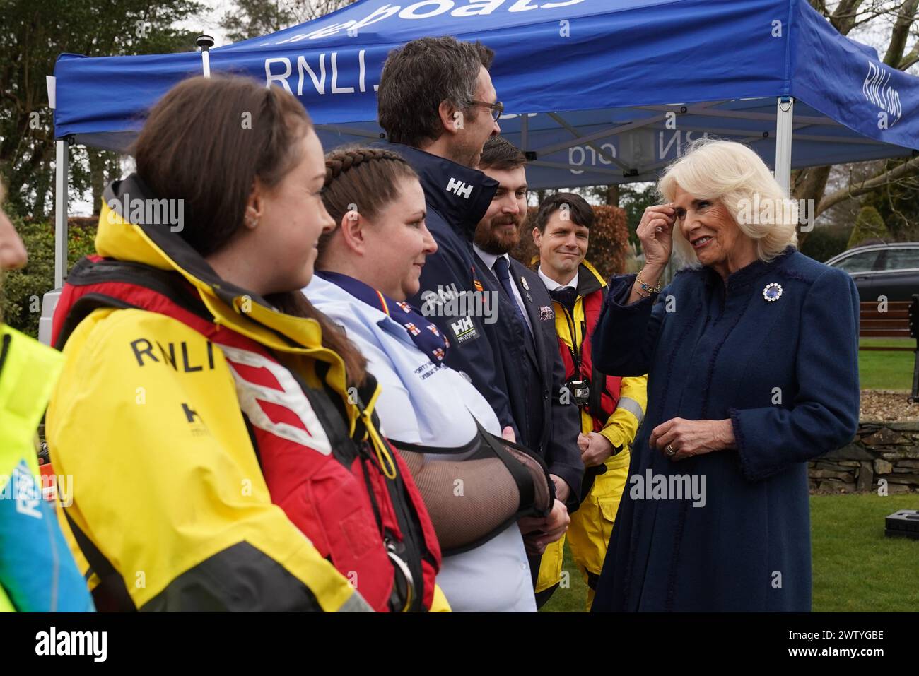 Queen Camilla (right) meets representatives from the RNLI during a visit to Government House, in Onchan, Isle of Man. Picture date: Wednesday March 20, 2024. Stock Photo