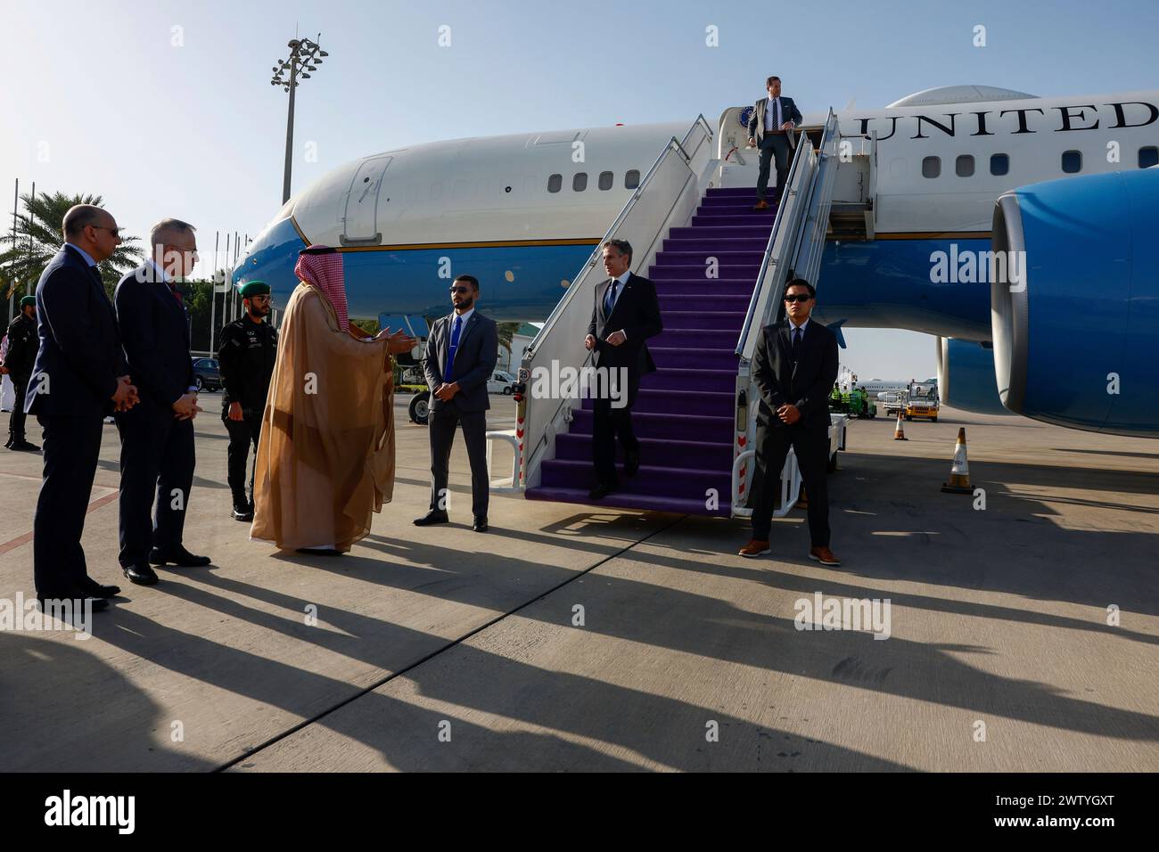 U.S. Secretary of State Antony Blinken disembarks an aircraft as he ...