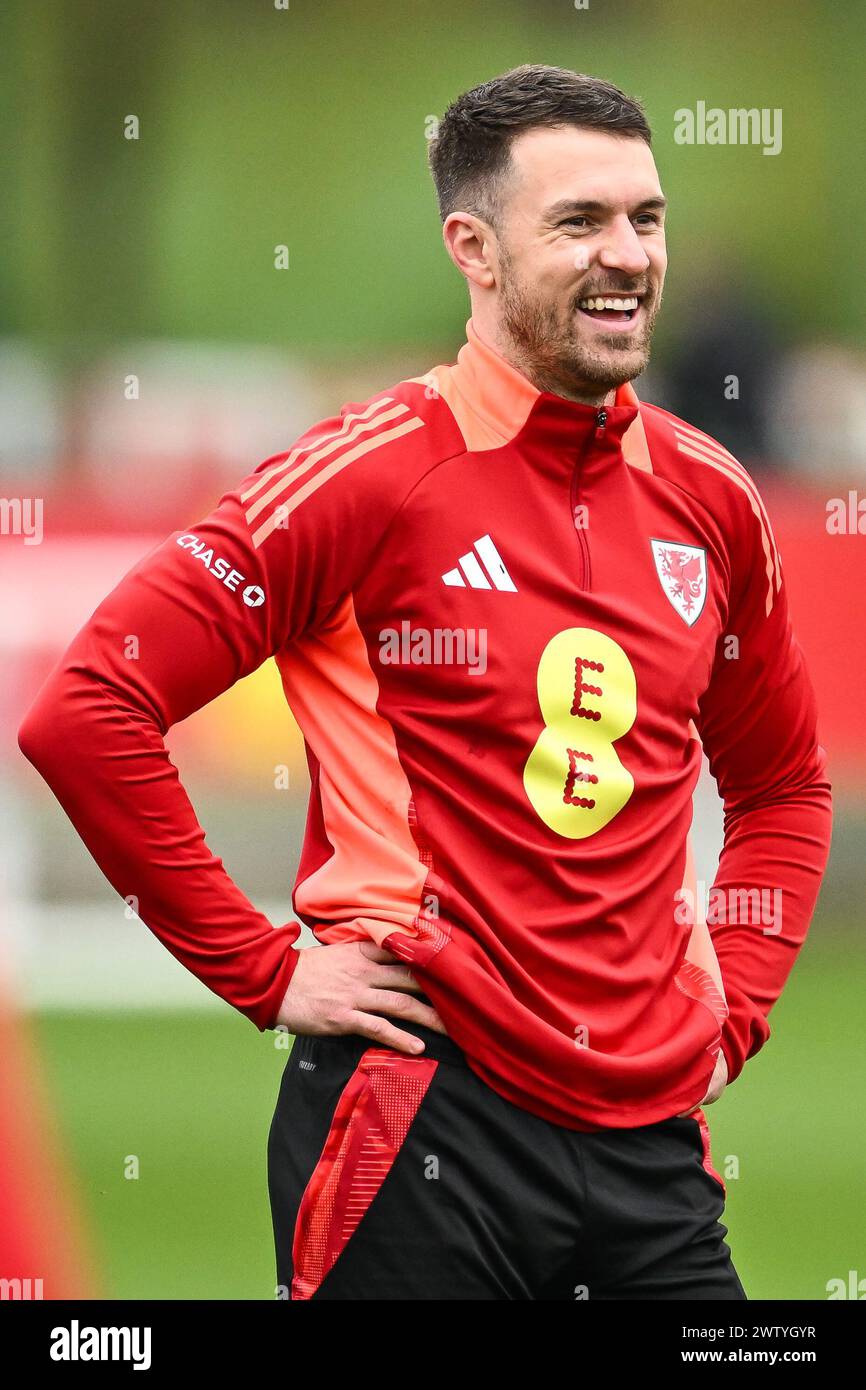 Aaron Ramsey of Wales during warms up ahead of the Wales open training session at Vale Resort Training complex, Hensol, United Kingdom. 20th Mar, 2024. (Photo by Craig Thomas/News Images) in, on 3/20/2024. (Photo by Craig Thomas/News Images/Sipa USA) Credit: Sipa USA/Alamy Live News Stock Photo