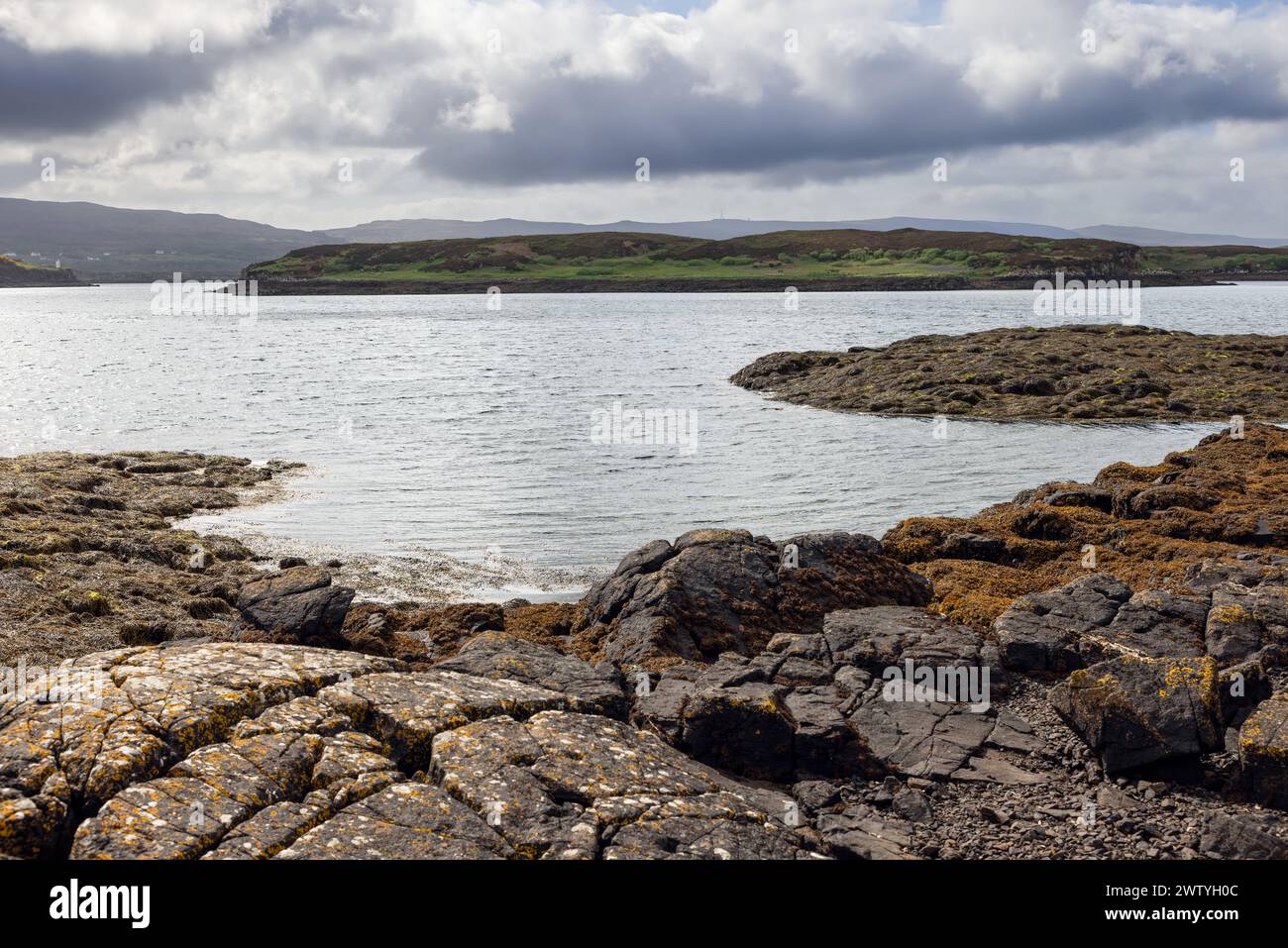 Textured rocks and rich marine flora frame the peaceful expanse of sea ...