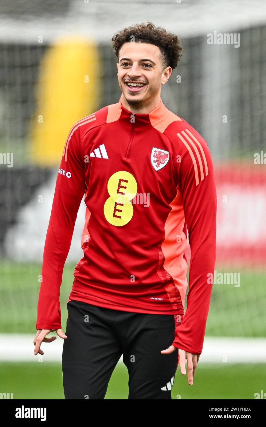 Ethan Ampadu of Wales during warms up ahead of the Wales open training session at Vale Resort Training complex, Hensol, United Kingdom. 20th Mar, 2024. (Photo by Craig Thomas/News Images) in, on 3/20/2024. (Photo by Craig Thomas/News Images/Sipa USA) Credit: Sipa USA/Alamy Live News Stock Photo