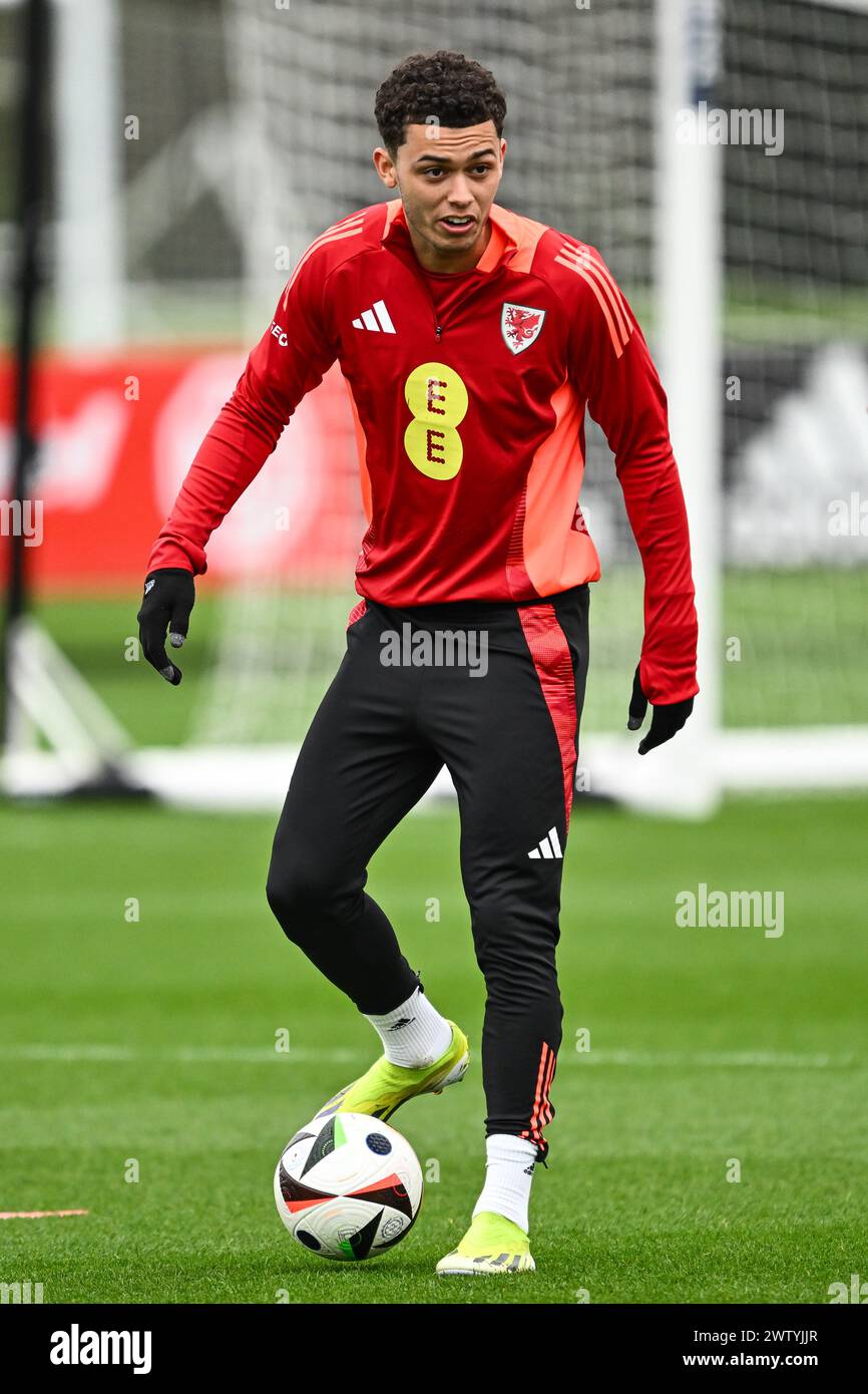 Brennan Johnson of Wales during warms up ahead of the Wales open training session at Vale Resort Training complex, Hensol, United Kingdom, 20th March 2024 (Photo by Craig Thomas/News Images) in, on 3/20/2024. (Photo by Craig Thomas/News Images/Sipa USA) Credit: Sipa USA/Alamy Live News Stock Photo