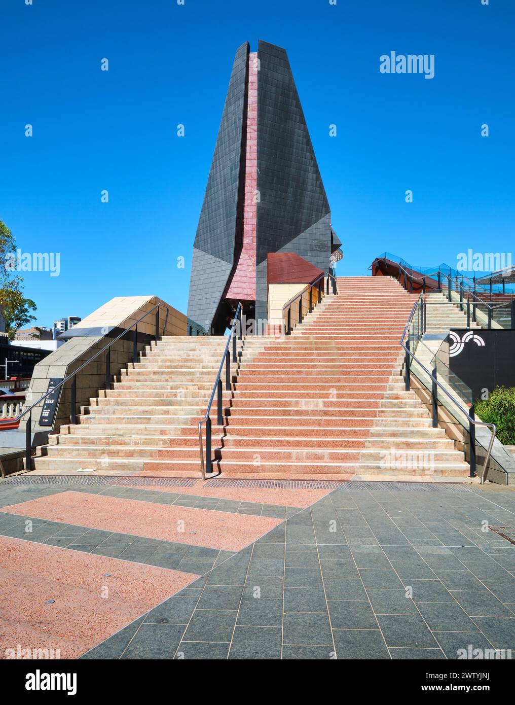 Stairs going up to a walkway at Yagan Square, a public space linking Northridge to the central business district in Perth, Western Australia. Stock Photo