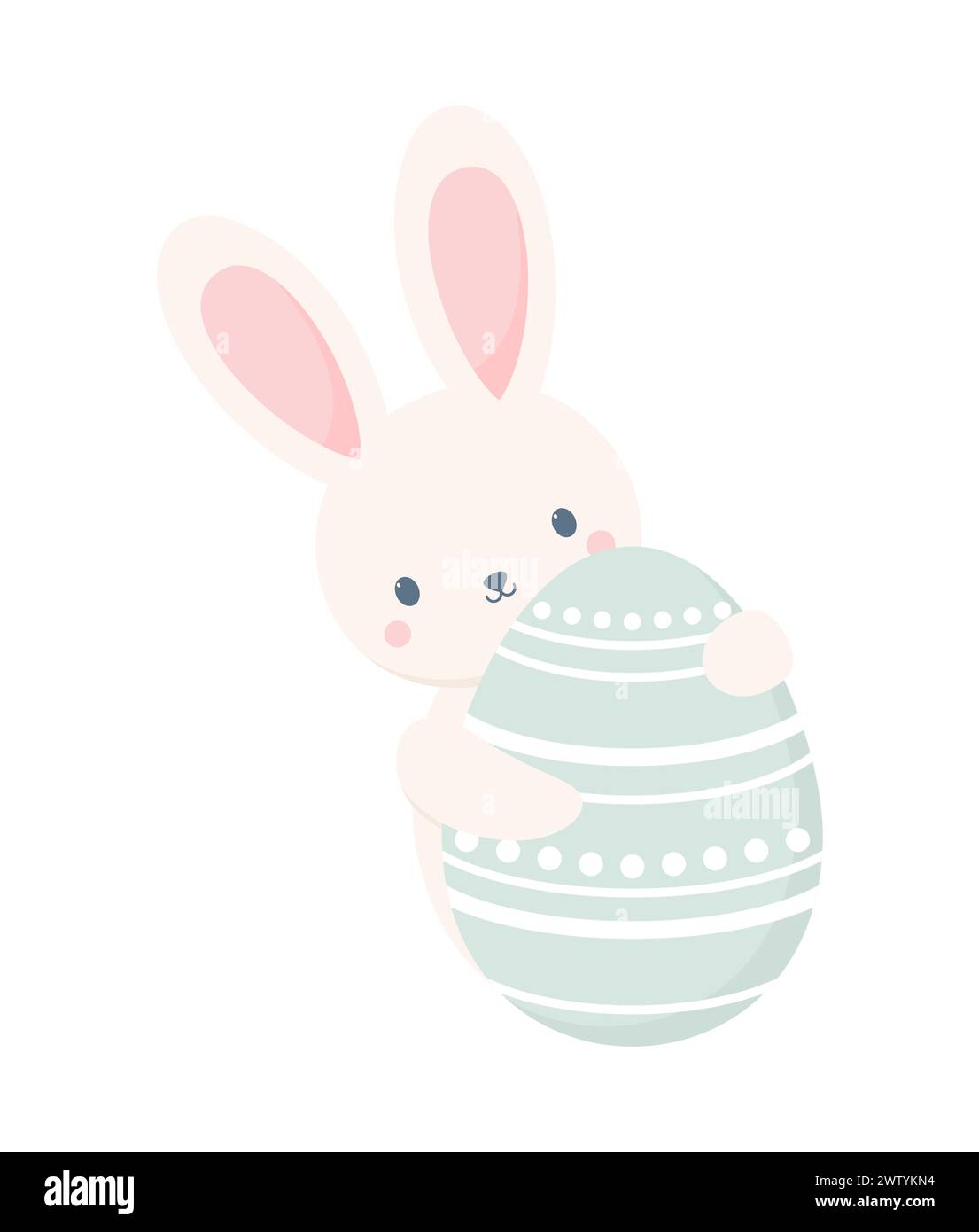 A cute rabbit hugging a big Easter egg, isolated on a white background. Flat vector illustration Stock Vector