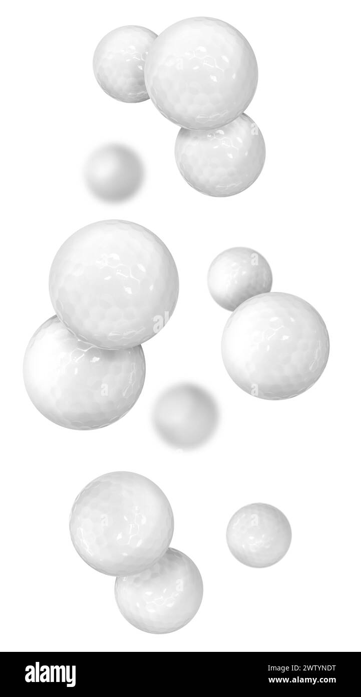 Many golf balls falling on white background Stock Photo