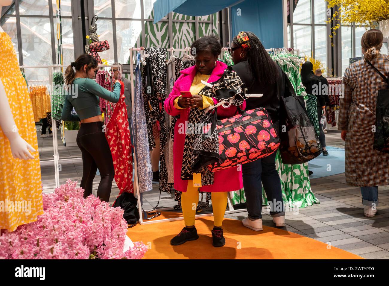 Hundreds of customers mob The Shed in Hudson Yards for the two-day pop-up of the Diane Von Furstenberg for Target collection on Friday, March 15, 2024. The preview event allowed customers to purchase up to ten items from the collection which will be available in Target stores next week on March 23. (© Richard B. Levine) Stock Photo