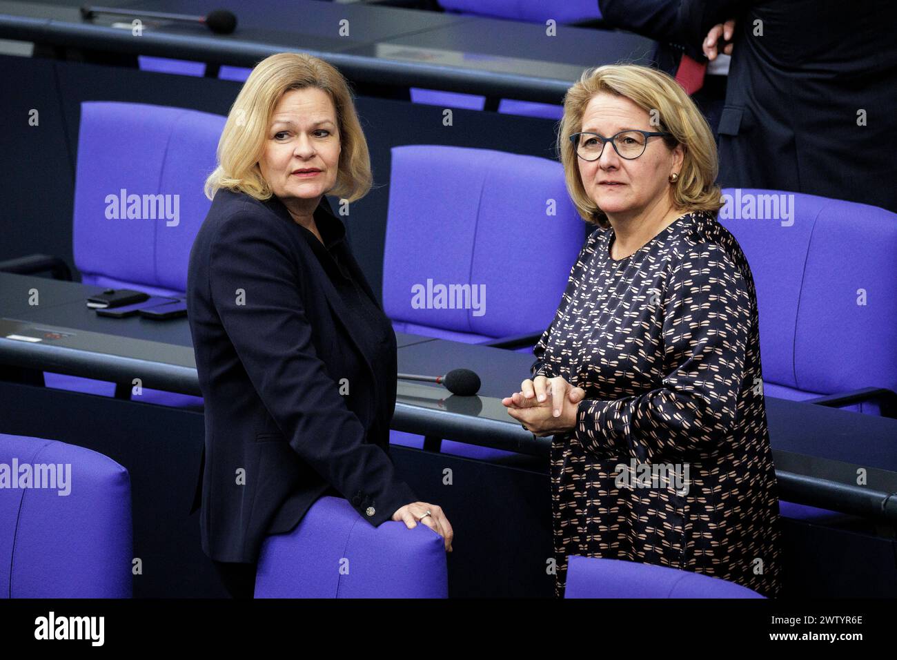 Berlin, Deutschland. 20th Mar, 2024. (RL) Svenja Schulze, Federal Minister for Economic Cooperation and Development, and Nancy Faeser, Federal Minister for the Interior and Homeland, taken during a meeting in the German Bundestag. Berlin, March 20, 2024. Credit: dpa/Alamy Live News Stock Photo