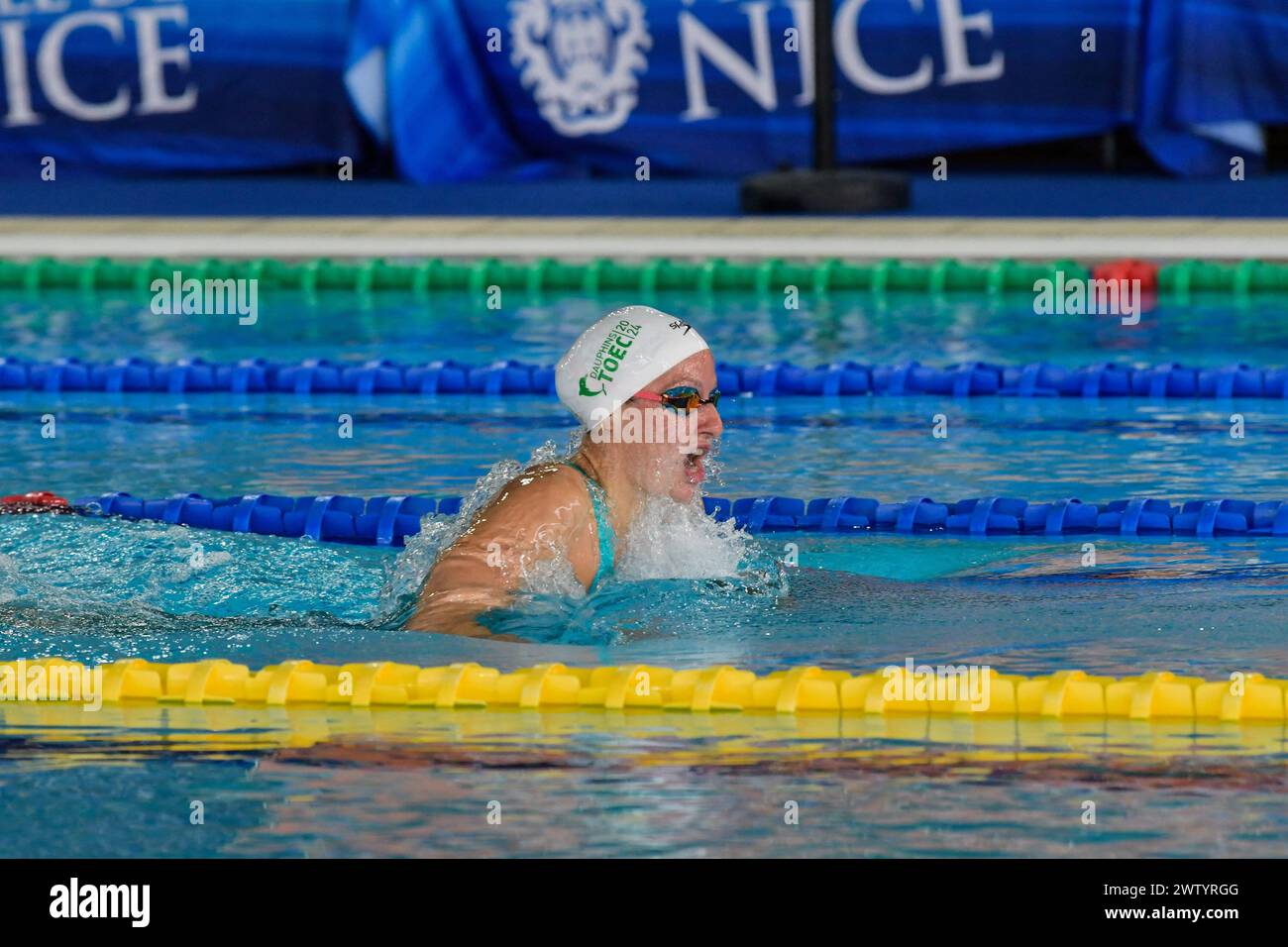Nice, France. 20th Mar, 2025. Adele Blanchetiere is seen in action during the 200 m breaststroke