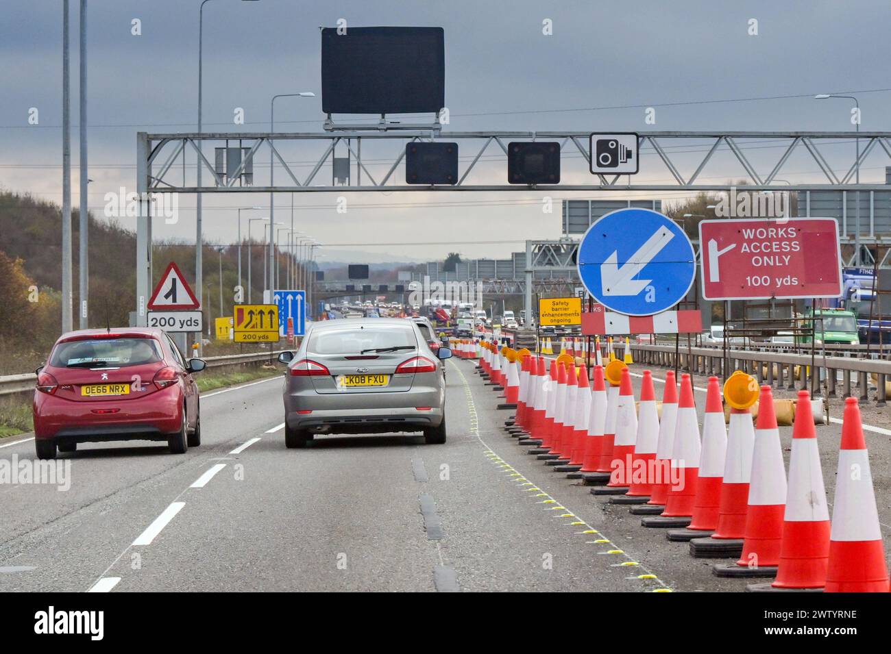 Bristol, England, UK - 29 November 2023: Traffic driving through road works on the M4 motorway near Bristol Stock Photo