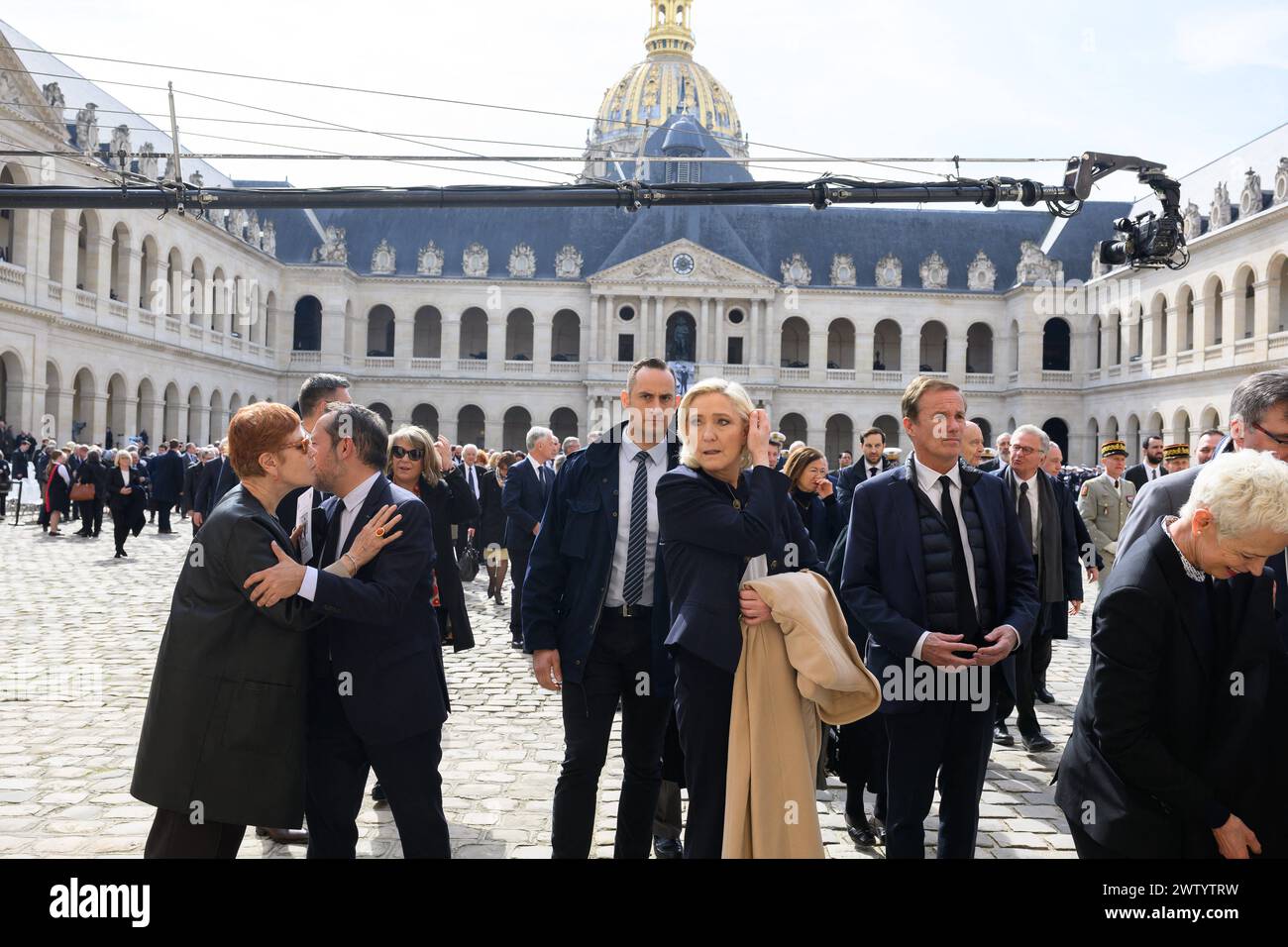 Paris, France. 20th Mar, 2024. Marine Le Pen and Nicolas Dupont Aignan during a 'national tribute' ceremony to late French politician and admiral, Philippe de Gaulle, the son of Charles de Gaulle, with his portrait displayed on a facade, at the Hotel des Invalides in Paris on March 20, 2024. Photo by Jacques Witt/Pool/ABACAPRESS.COM Credit: Abaca Press/Alamy Live News Stock Photo