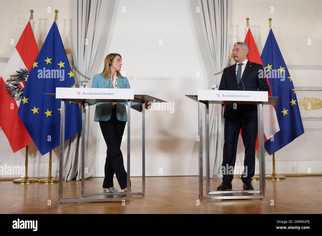 Vienna, Austria. March 20th, 2024. Press statement with Chancellor Karl Nehammer (R) and the President of the European Parliament Roberta Metsola (L) in the Federal Chancellery in Vienna Stock Photo