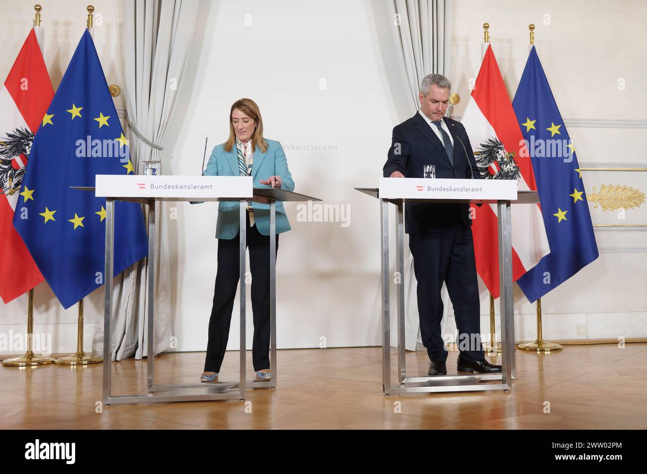 Vienna, Austria. March 20th, 2024. Press statement with Chancellor Karl Nehammer (R) and the President of the European Parliament Roberta Metsola (L) in the Federal Chancellery in Vienna Stock Photo