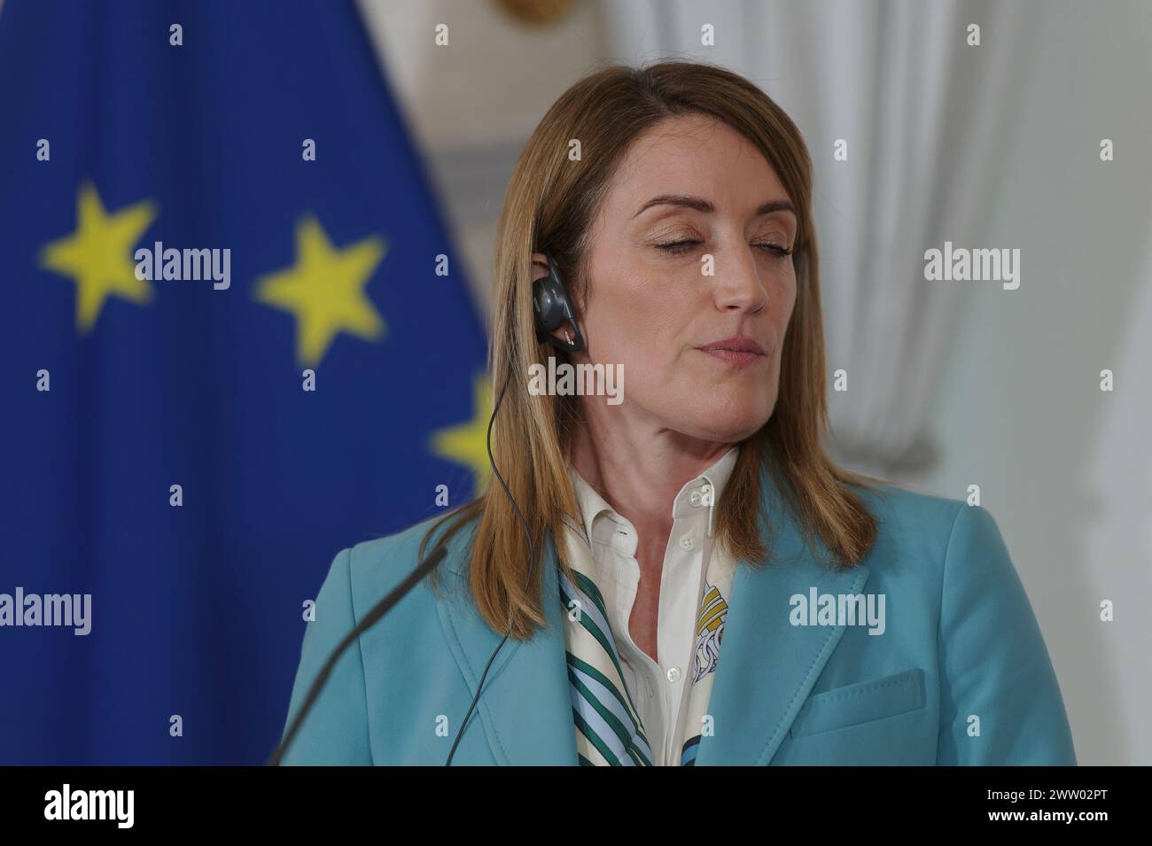 Vienna, Austria. 20th Mar, 2024. Press statement by the President of the European Parliament Roberta Metsola in the Federal Chancellery in Vienna Stock Photo