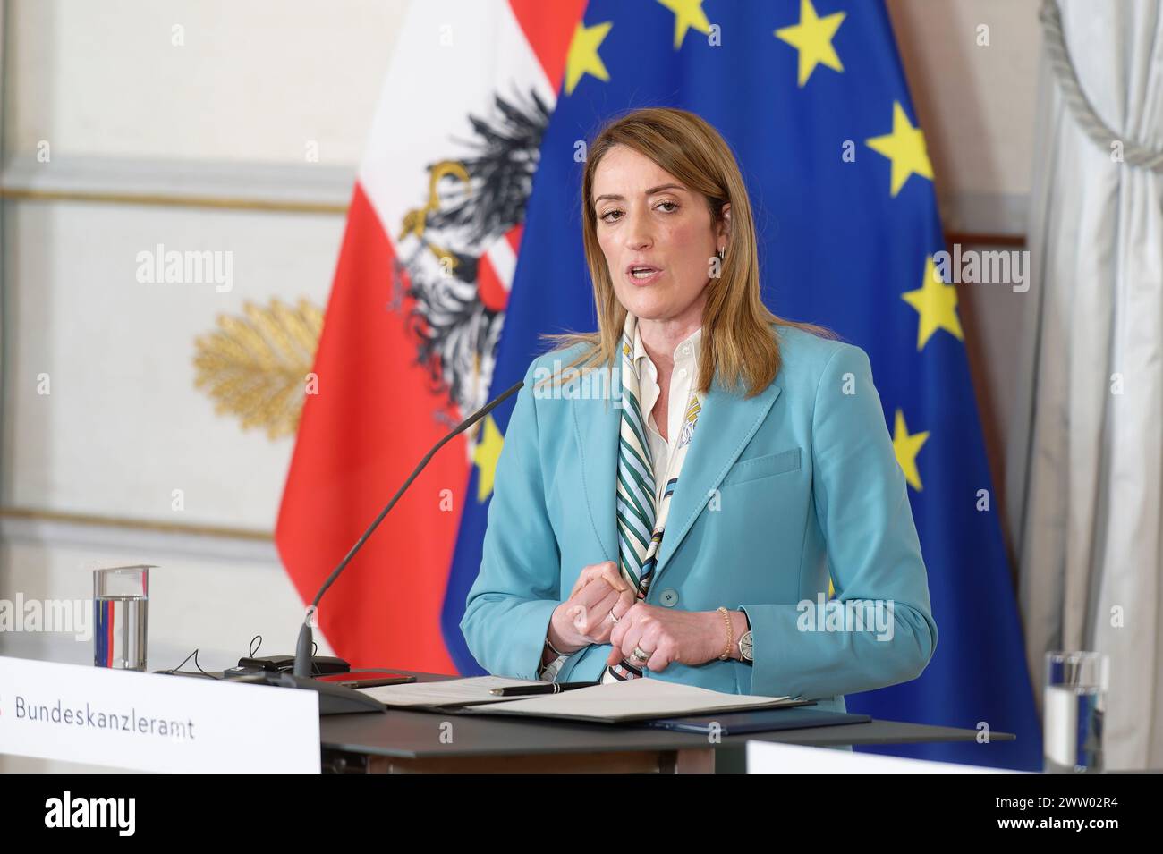Vienna, Austria. 20th Mar, 2024. Press statement by the President of the European Parliament Roberta Metsola in the Federal Chancellery in Vienna Stock Photo