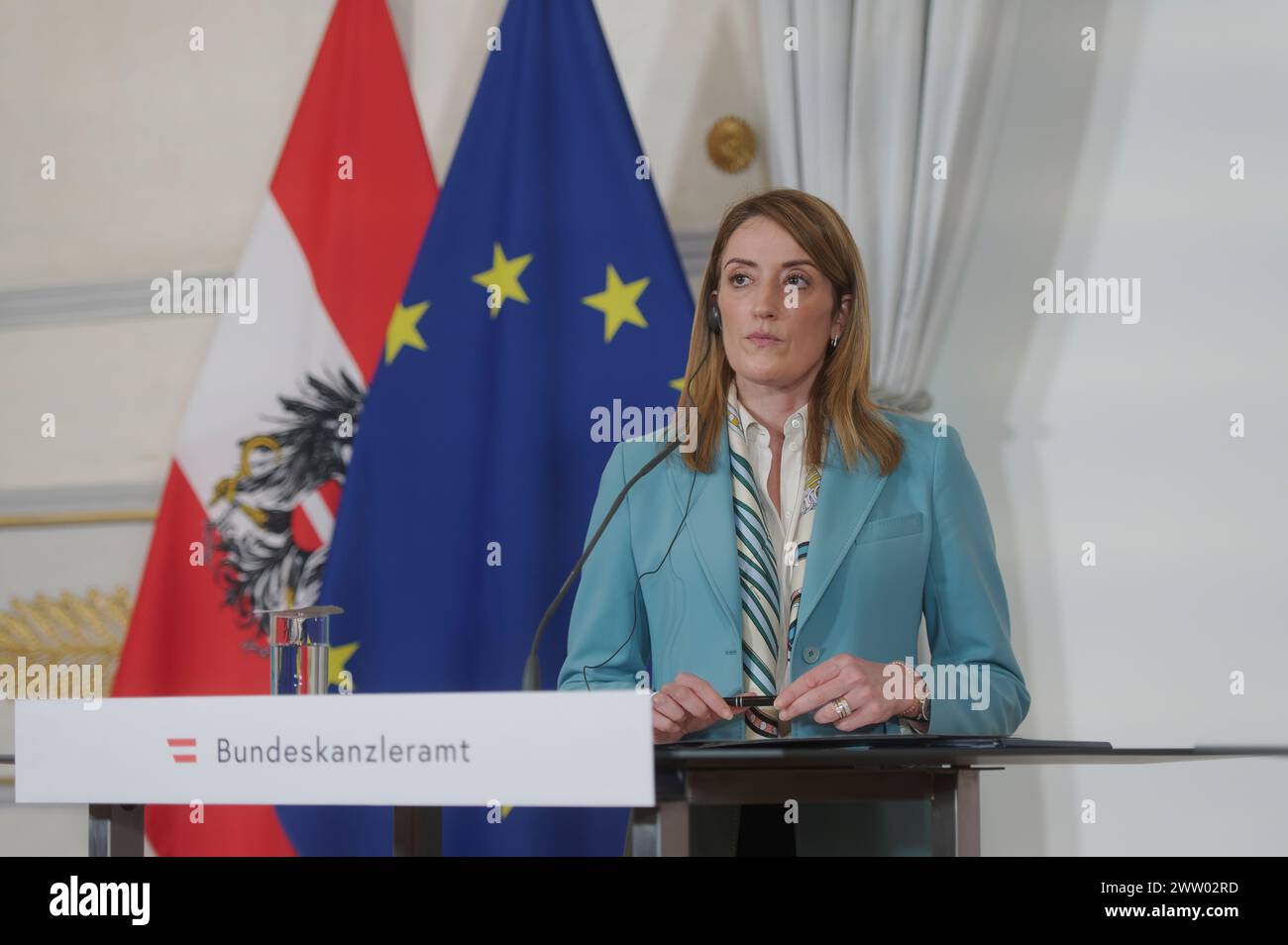 Vienna, Austria. 20th Mar, 2024. Press statement by the President of the European Parliament Roberta Metsola in the Federal Chancellery in Vienna Stock Photo