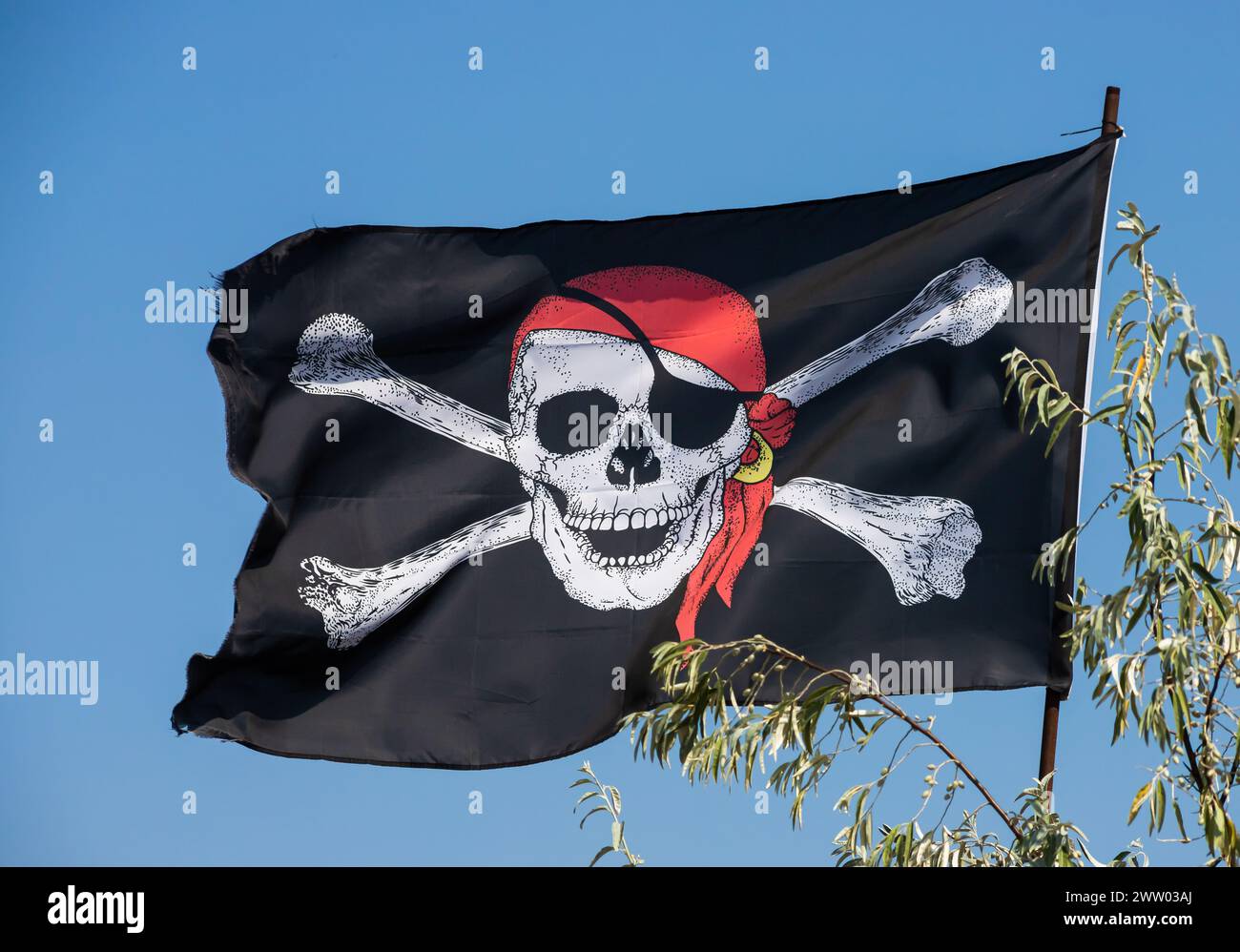 A skull and cross bones pirate flag waving in the wind. Stock Photo