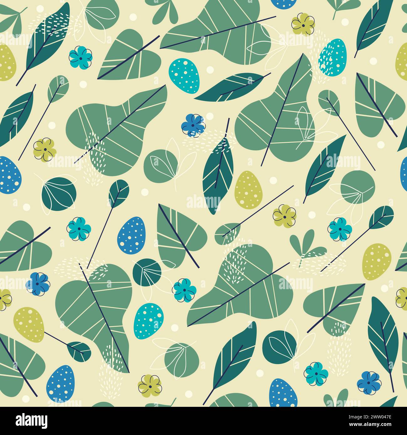 Colorful and bright easter elements seamless pattern. Leaves and flowers on beige background with eggs. Floral spring vector illustration. Vector endl Stock Vector