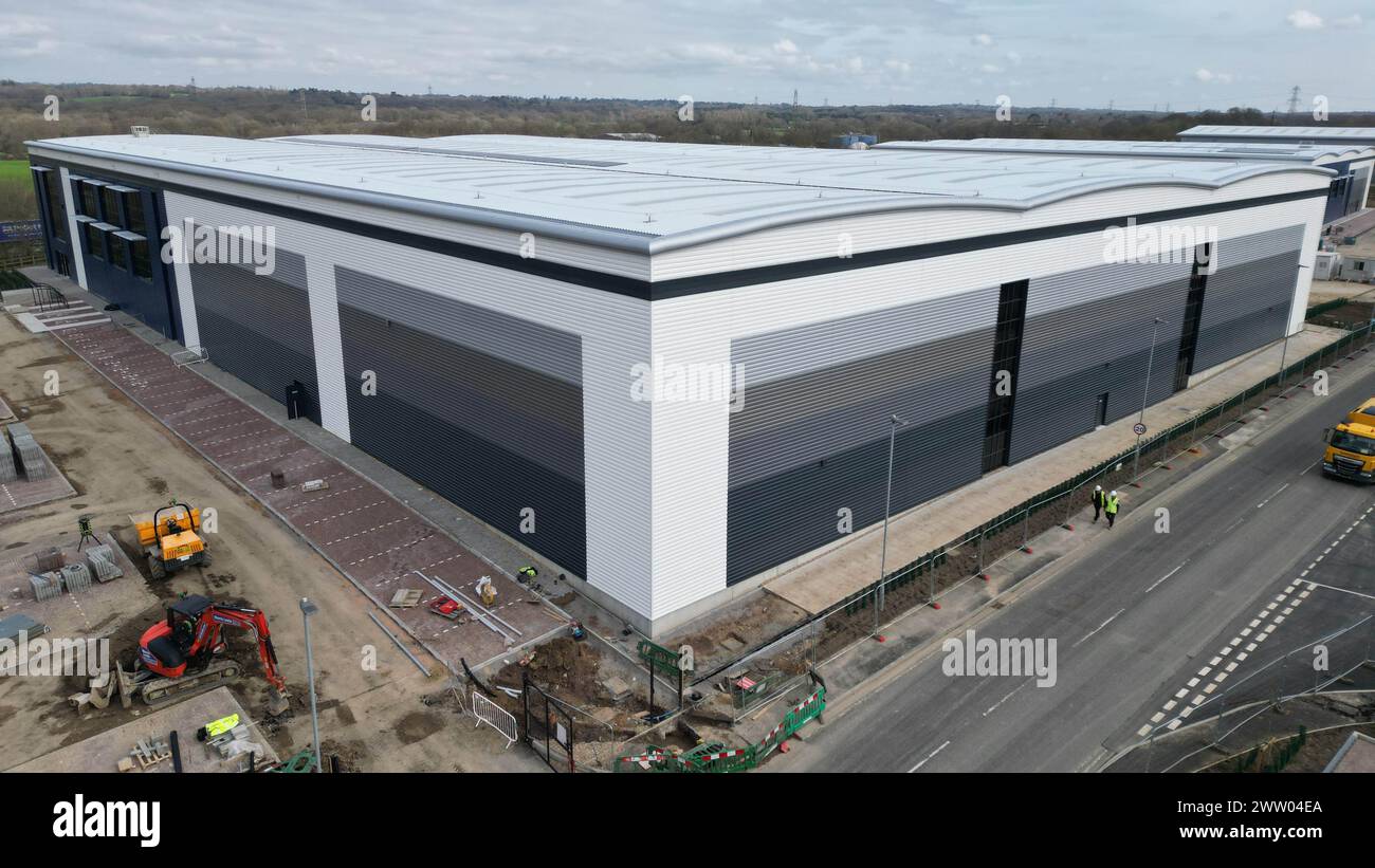 Aerial views of newly built Industrial warehouses 2024 Stock Photo