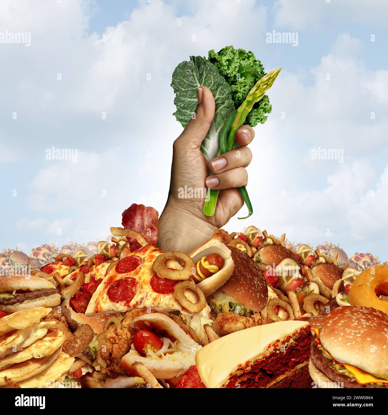 Struggle To Eat Healthy natural Food and the difficulty in living a nutritious life when surrounded by tempting greasy high fat and cholesterol rich s Stock Photo