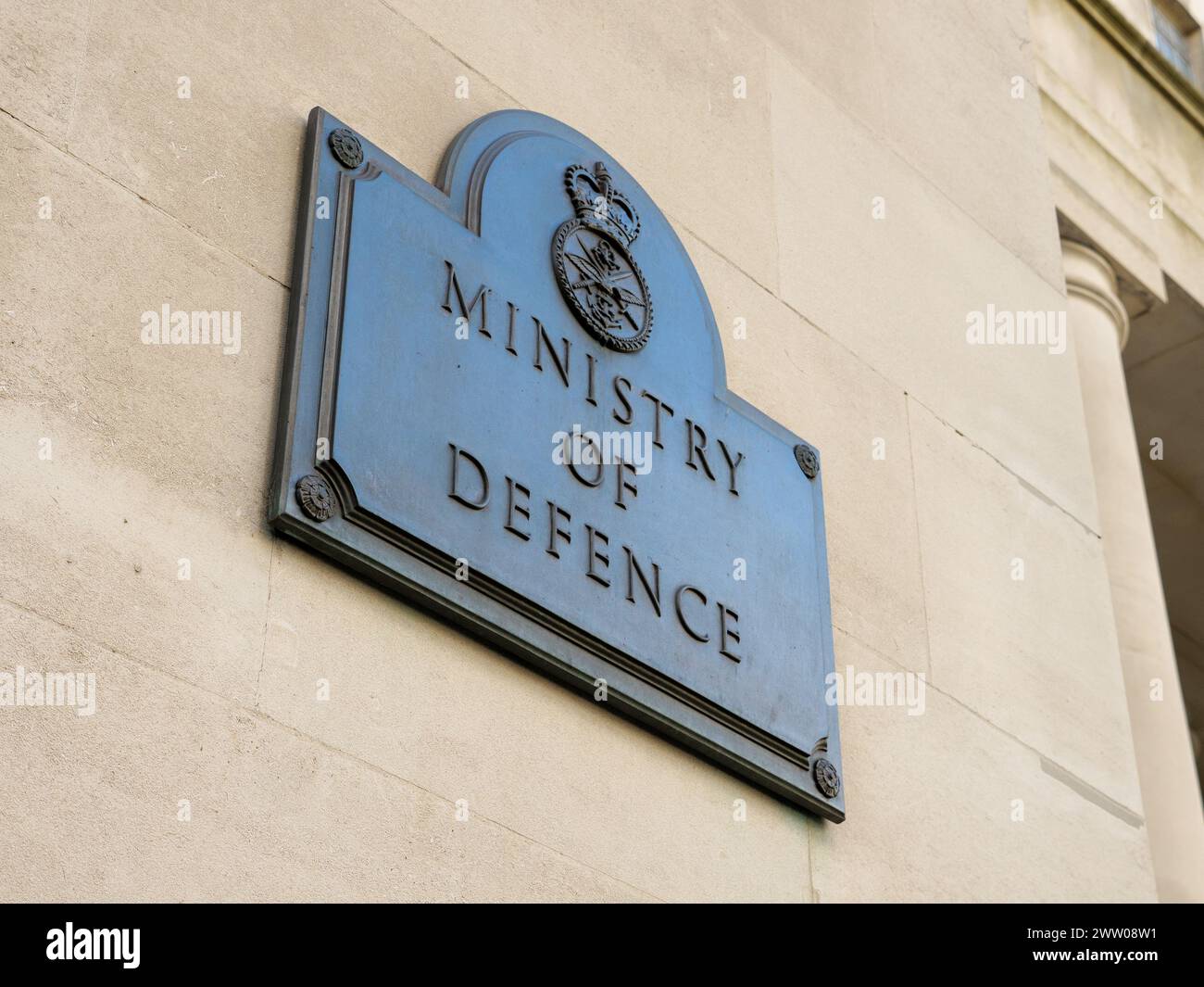 Sign outside The Ministry of Defence MOD building on Whitehall, London, UK Stock Photo