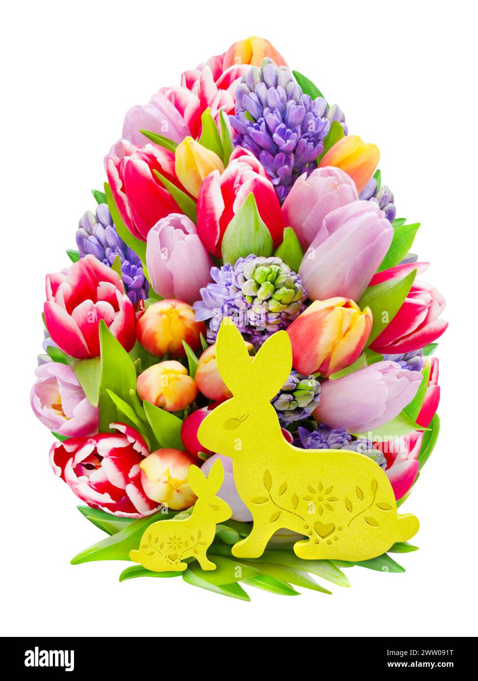 Easter decoration with tulips and Bunny isolated on white background ...