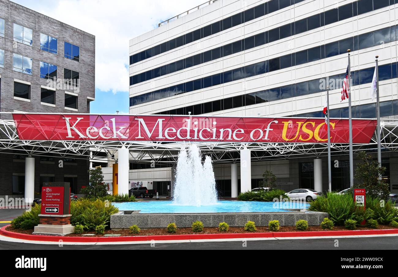 LOS ANGELES, CALIFORNIA - 19 MAR 2024: Keck Medicine of USC, formerly USC University Hospital, is a private teaching hospital of the University of Sou Stock Photo