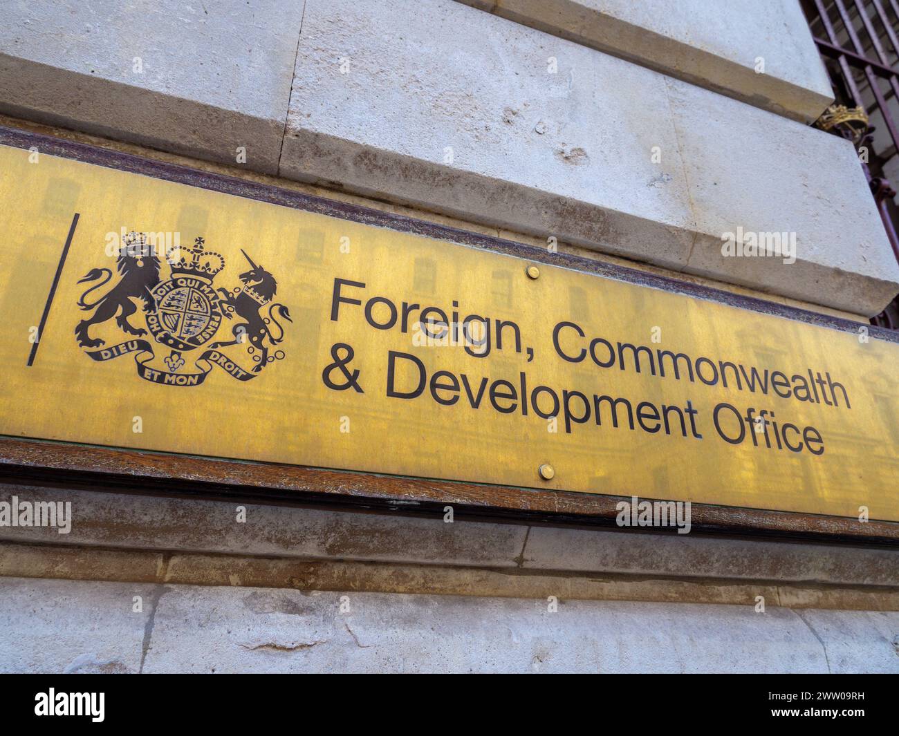 Sign outside the Foreign, Commonwealth and Development Office building on Whitehall, London, UK