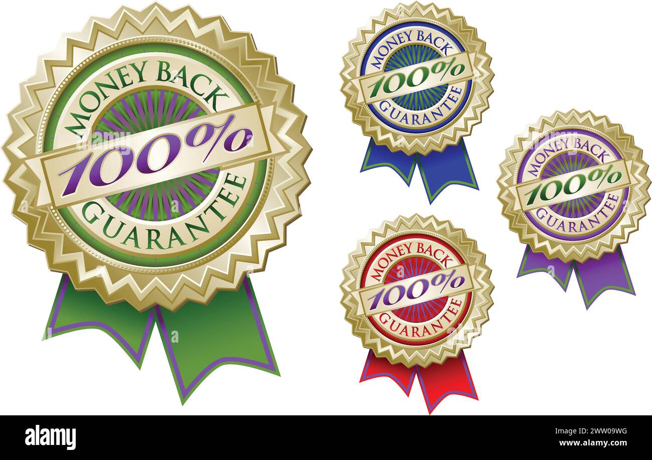 Set of Four Colorful 100% Money Back Guarantee Emblem Seals With Ribbons. Stock Vector