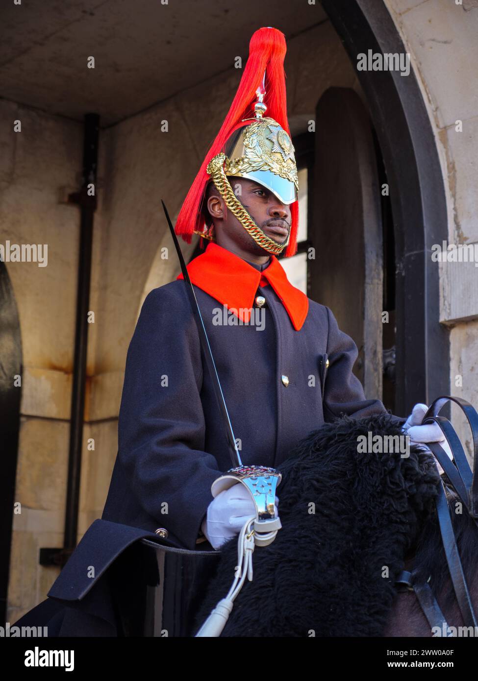 The Household Cavalry Life Guards on guard duty in Whitehall, London, UK Stock Photo