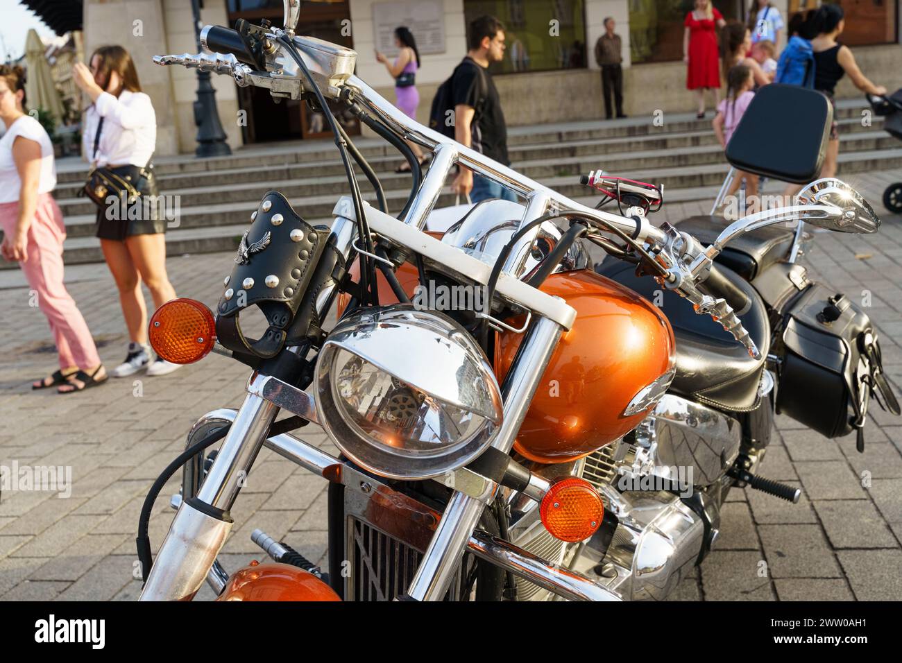 Warsaw, Poland - August 6, 2023: Classic motorcycle Honda VTX 1300. Beautiful chrome-plated orange motorcycle. Stock Photo
