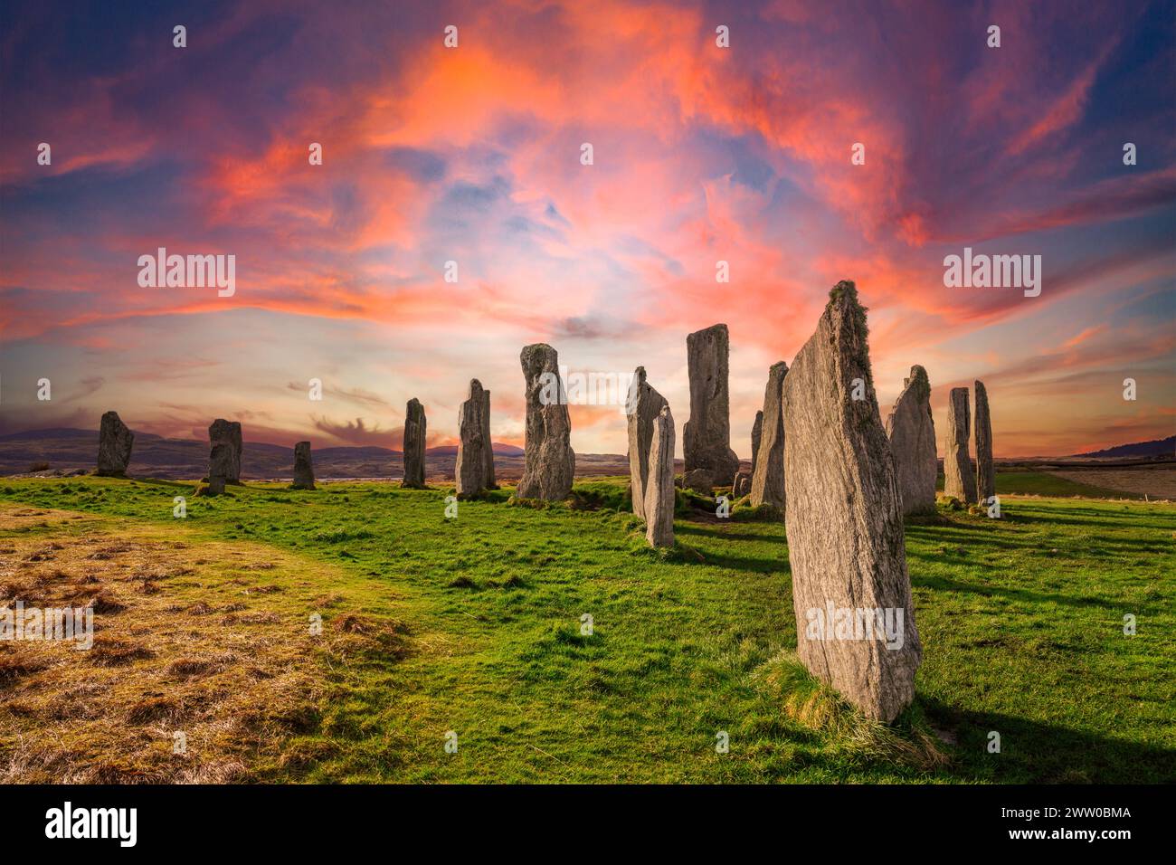 Callanish Standing Stones or the Callanish Stone Circle. The neolithic  Callanish Stones on the Isle of Lewis, Outer Hebrides, Scotland, UK Stock Photo