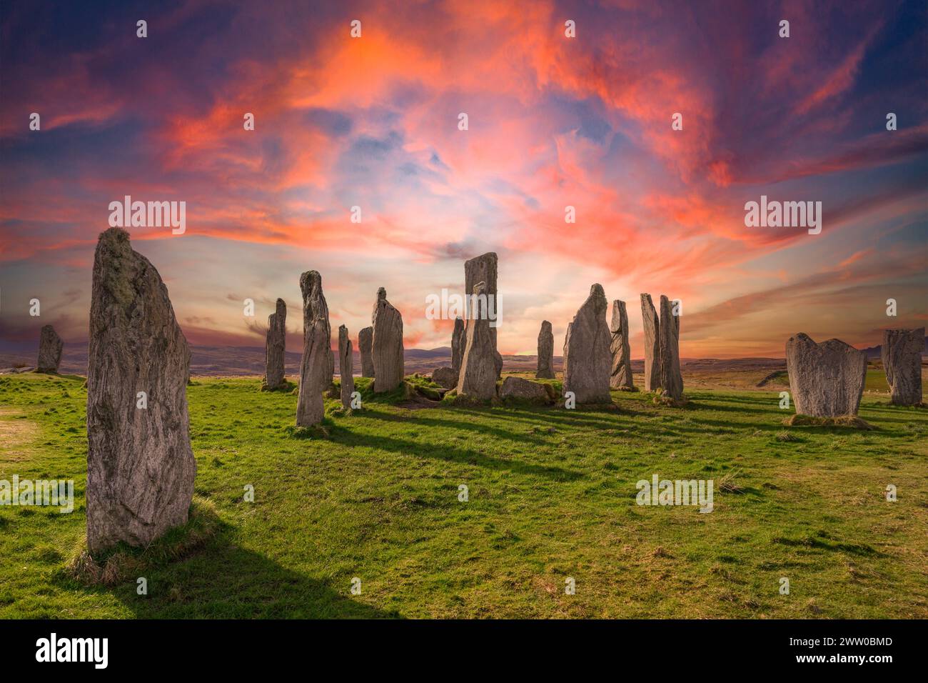Callanish Standing Stones or the Callanish Stone Circle. The neolithic  Callanish Stones on the Isle of Lewis, Outer Hebrides, Scotland, UK Stock Photo