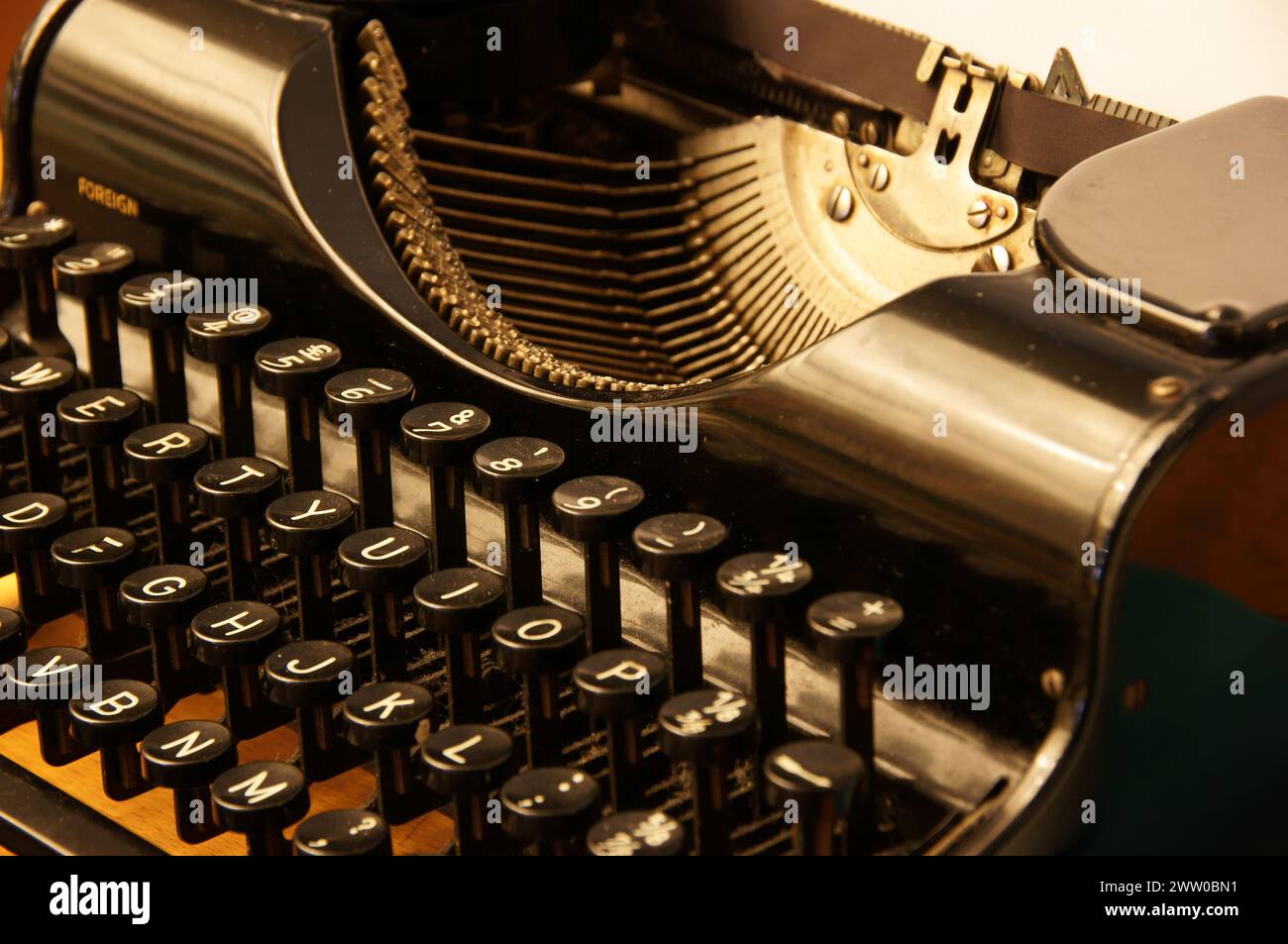 Graphic art and photography for writers of a retro typewriter, vintage coffee pots, tea pots and tea cups. Stock Photo