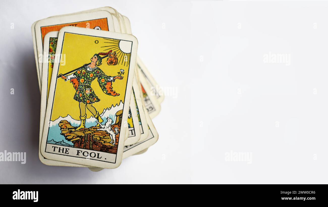 Vintage Rider Waite tarot deck with the Fool on top. It is estimated that more than 100 million copies of this deck exist in more than 20 countries. Stock Photo