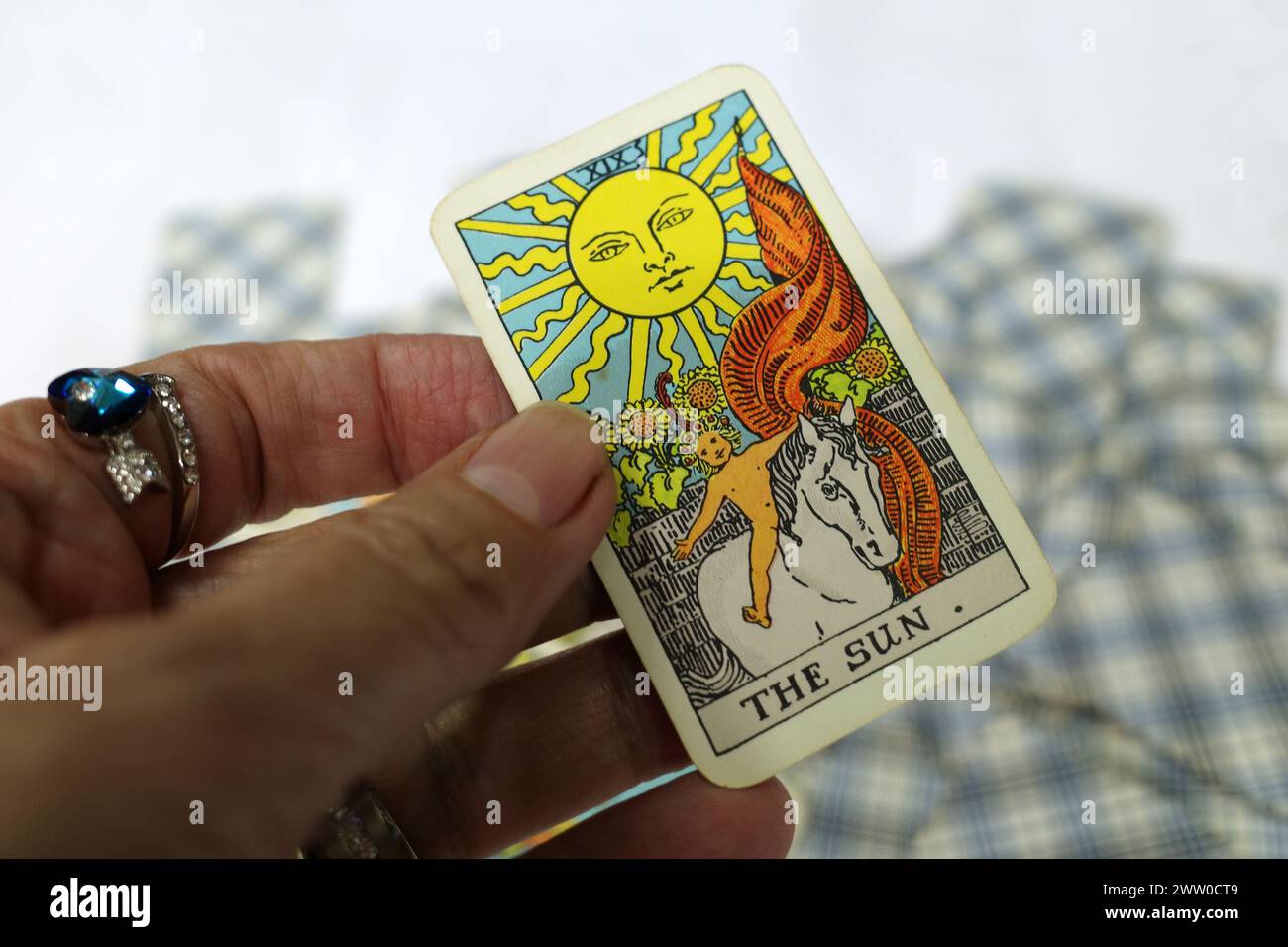 Hand of a fortune teller holding a tarot card in her hand. It's the sun.  This card is generally considered positive. It stands for happiness and cont Stock Photo