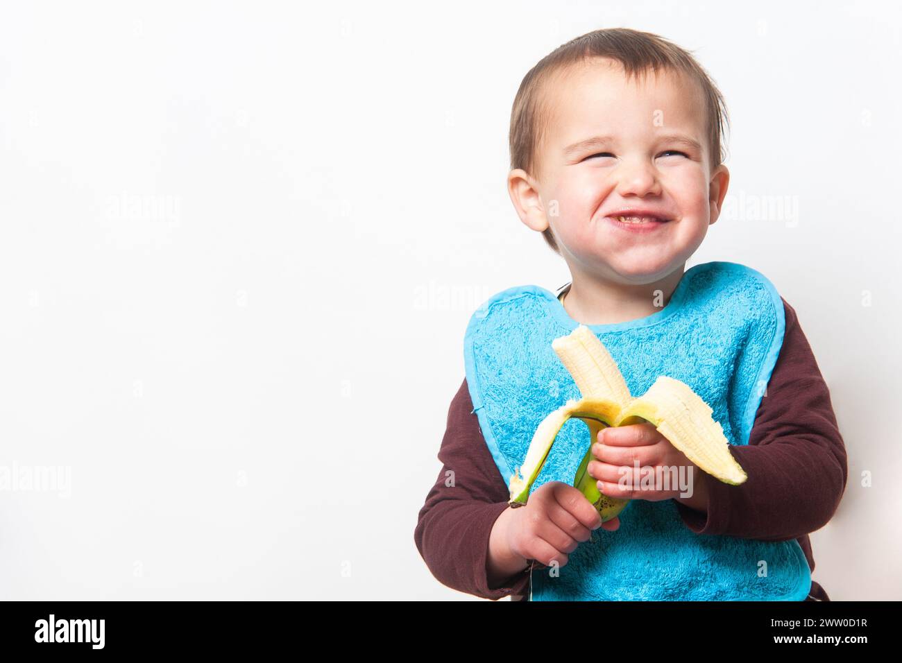 Toddler with blue bib eating a banana with a big smile on his face enjoying the tasty tropical produce. Copy space. White background. Isolated. Stock Photo