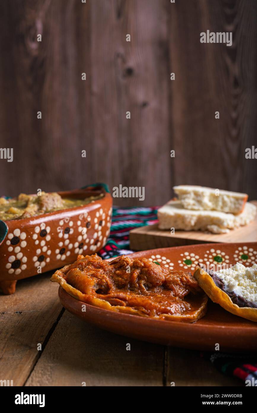 Sopes of chicharron in green sauce and red sauce. Mexican food Stock
