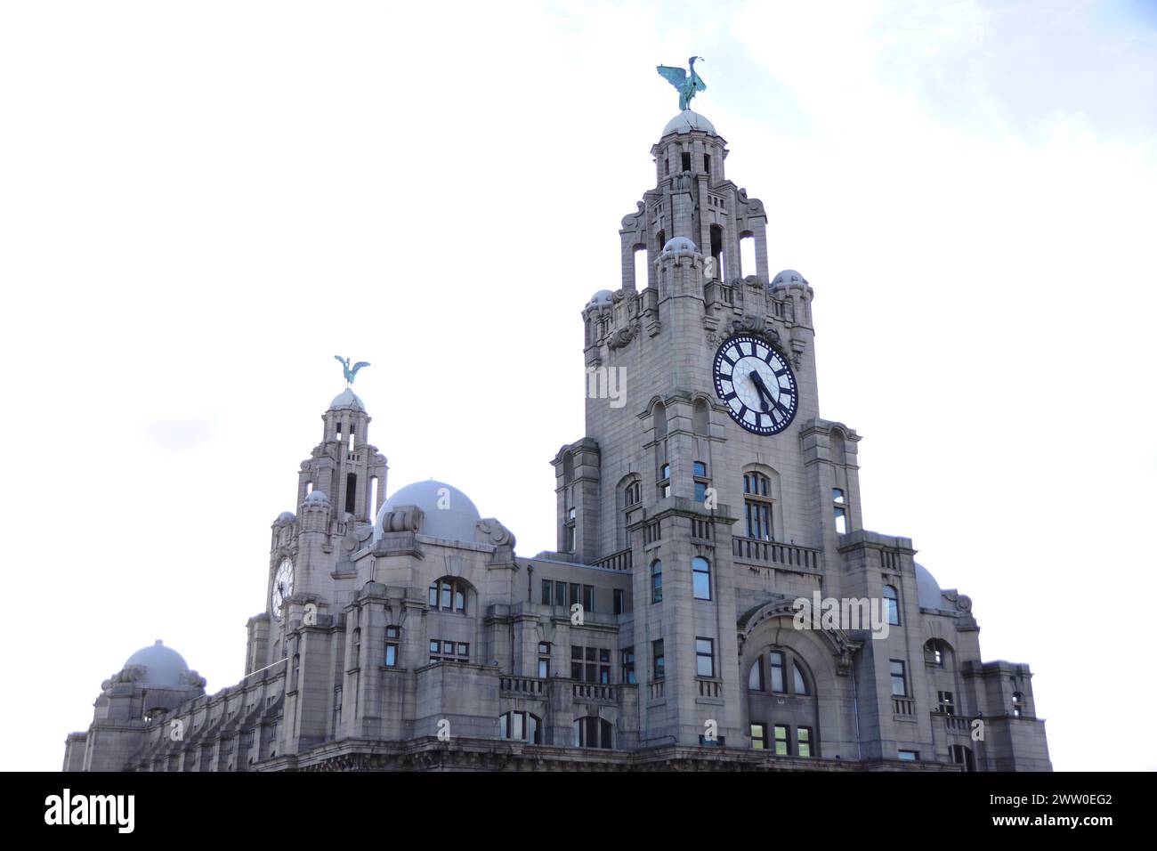 Liverpool city centre views of the Liver Building, Liver Birds, and the first UK concrete building Stock Photo