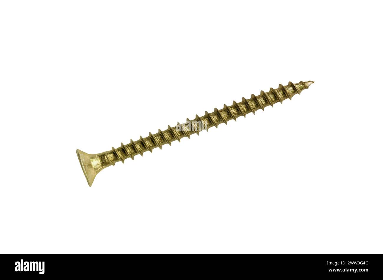 A close-up view of a gold-colored wood screw showcasing its sharp tip, threaded body, and flat countersunk head. Stock Photo