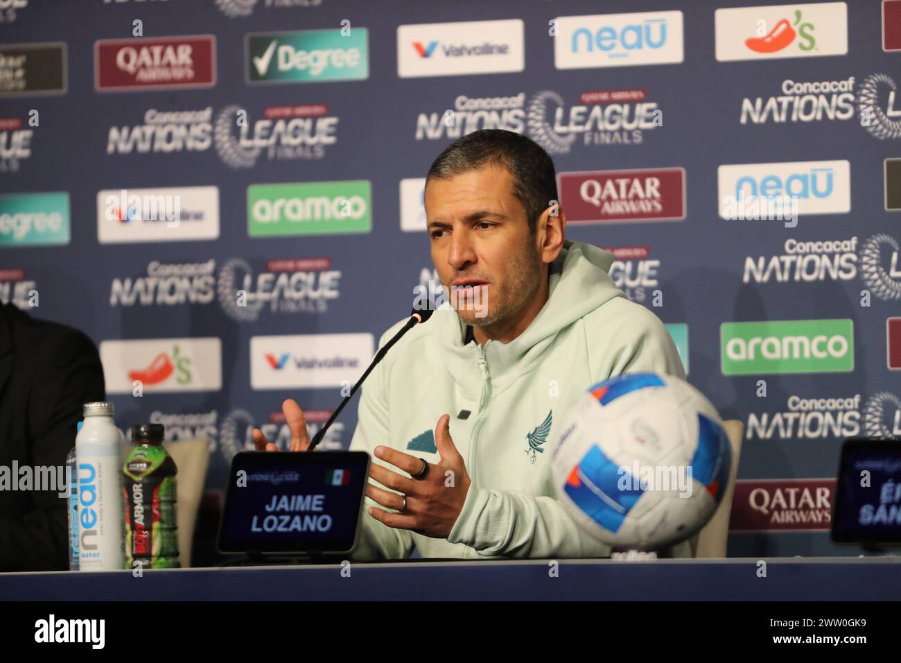 Arlington, Texas, USA. 20th Mar, 2024. JAMIE LOZANO addresses the media on Wednesday at AT&T Stadium in Arlington, Texas. The press conference was held the day before two soccer matches are to be held at AT&T Stadium. The first of the two matches will see USA vs Jamaica at 6:00 pm CST followed by Panama vs Mexico at 9:15 pm CST. There will be four more matches. The first two matches sees Canada vs Trinidad and Tobago at 3:00 pm CST followed by Costa Rica vs Honduras at 6:15 pm CST on Saturday, March 23 at Toyota Stadium in Frisco, Texas. The final two matches will occur on Sunday at AT&T St Stock Photo