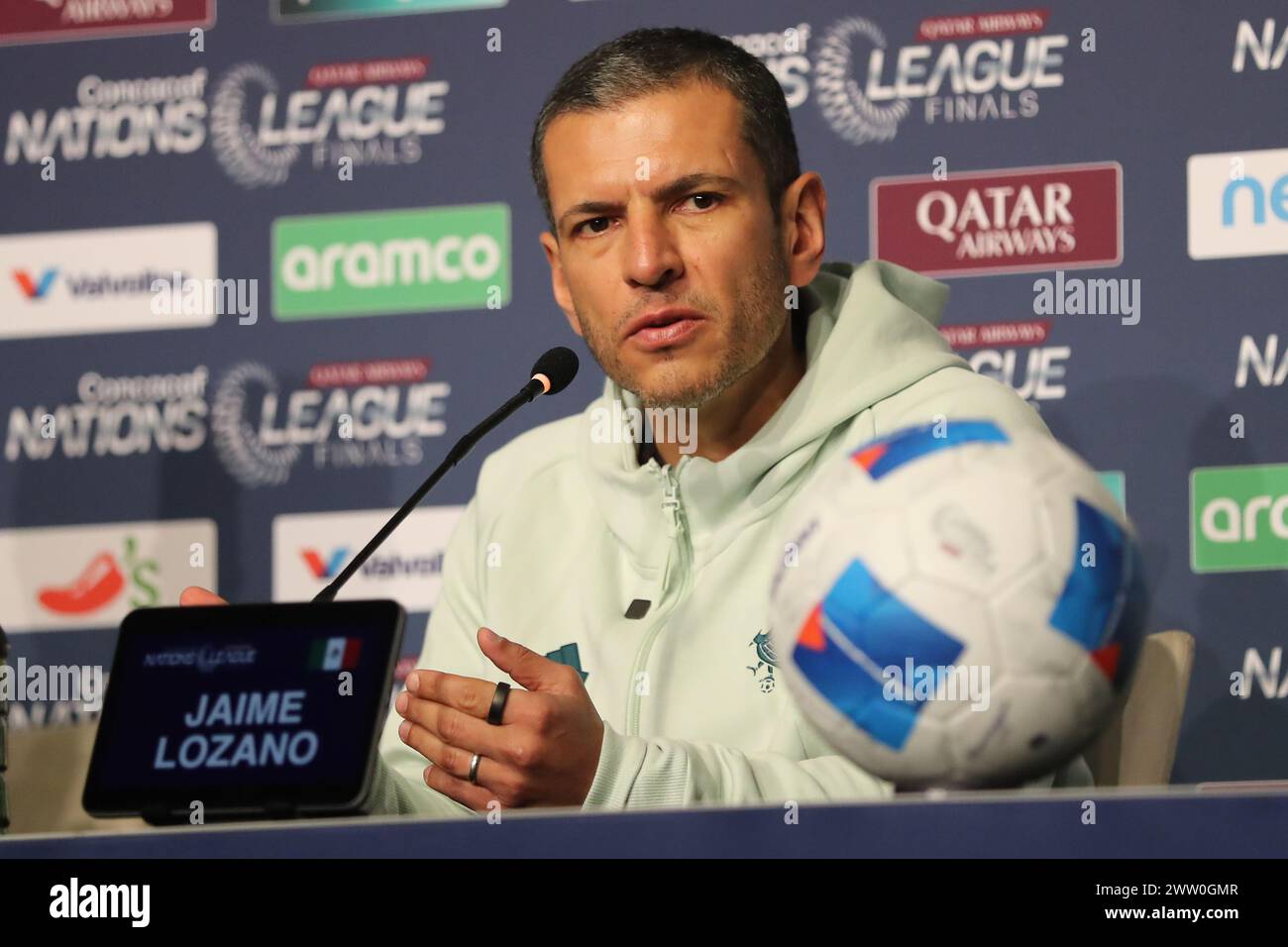 Arlington, Texas, USA. 20th Mar, 2024. JAMIE LOZANO addresses the media on Wednesday at AT&T Stadium in Arlington, Texas. The press conference was held the day before two soccer matches are to be held at AT&T Stadium. The first of the two matches will see USA vs Jamaica at 6:00 pm CST followed by Panama vs Mexico at 9:15 pm CST. There will be four more matches. The first two matches sees Canada vs Trinidad and Tobago at 3:00 pm CST followed by Costa Rica vs Honduras at 6:15 pm CST on Saturday, March 23 at Toyota Stadium in Frisco, Texas. The final two matches will occur on Sunday at AT&T St Stock Photo