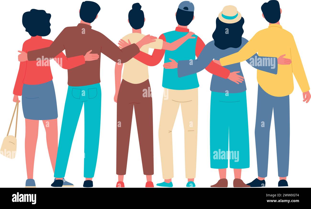 Young friends. People standing together back view Stock Vector