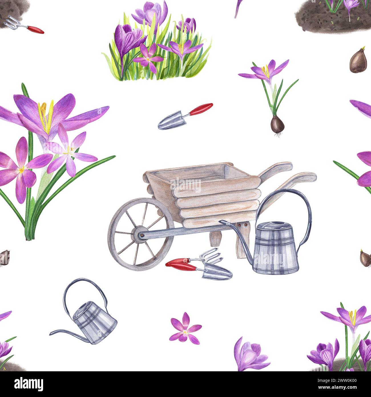 Spring seamless pattern. Crocus flowers, bulbs. Lawn with saffron. Garden handle tools, wheelbarrow and watering can. Planting flowers, watering. Stock Photo