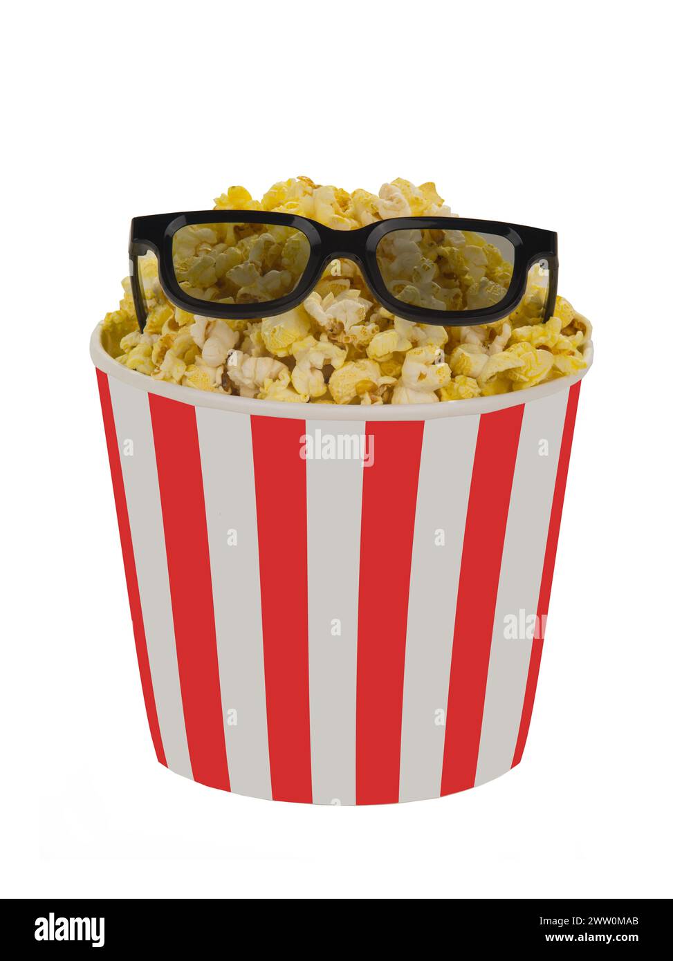Popcorn in a striped red bucket with stereo glasses on a white