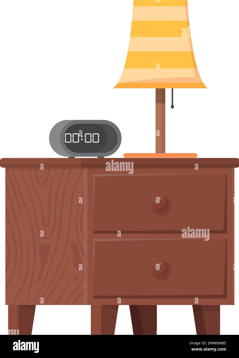 Nightstand table with lamp and alarm clock cartoon furniture Stock Vector