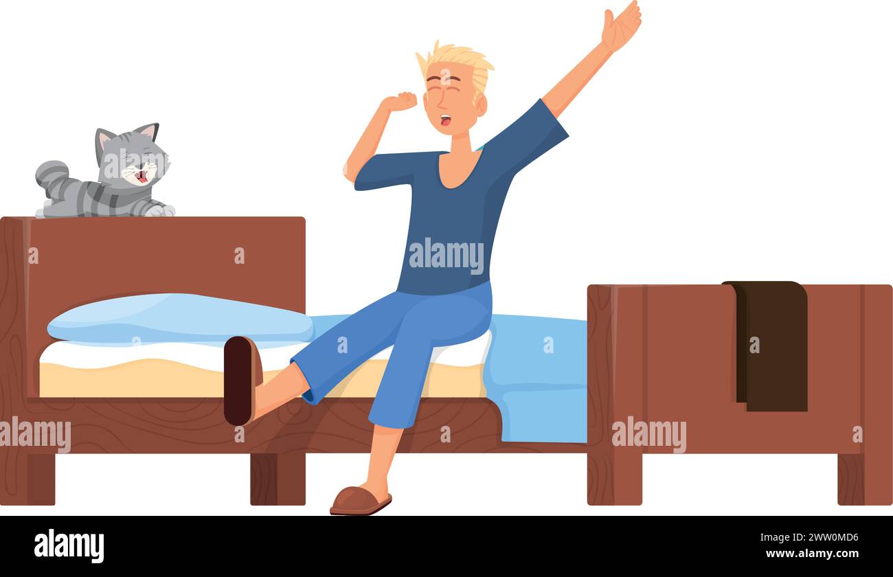 Man waking up in bedroom. Cozy home morning Stock Vector