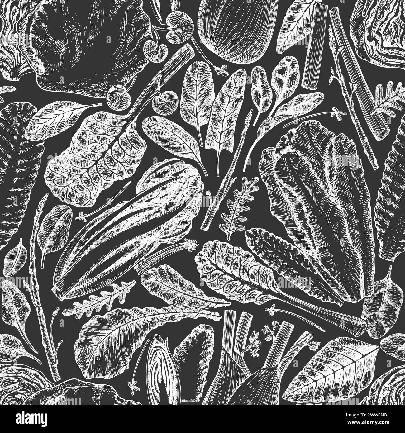 Green Vegetable Seamless Pattern. Vector Hand Drawn Healthy Leaf Salad Background. Vintage Style Menu Illustration On Chalk Board. Stock Photo